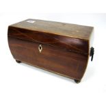 An Early XIX Century Mahogany and Satinwood Inlaid Tea Caddy, of sarcophagus form, raised on bun