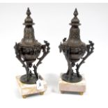 A Pair of Late XIX Century Spelter Urns and Covers, with brass liners, the shaped circular bowls