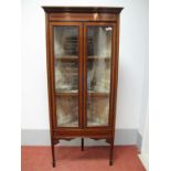 An Edwardian Mahogany Inlaid Corner Display Cabinet, with stepped pediment, twin glazed doors to two