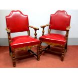 A Pair of XX Century American Walnut Armchairs, the red leather backs and seats with stud
