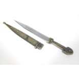 A Cossack Khanjali, with straight, twin-edged, triple fullered blade, ornamental white metal grip