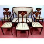 A Late XIX Century Art Nouveau Mahogany and Rosewood Salon Suite, comprising a two-seater salon seat
