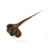 An Early XX Century Carved Dog's Head Walking Stick, with inset glass eyes, 89cm long.