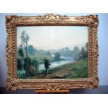 •*REGINALD GRANGE BRUNDRIT (1883-1960) "Morning Haze", river landscape in the Yorkshire Dales, oil