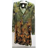 A Vintage Jean Paul Gaultier Femme Silk Dress, shirtwaist style flaring at the hem, printed with a