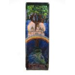 An Arts & Crafts Enamel Plaque, of rectangular form, depicting a fantasy castle and rainbow in an