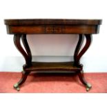An Early XIX Century Mahogany Card Table, with rectangular crossbanded top, baized interior,