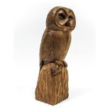 A Robert "Mouseman" Thompson Carved Oak Owl, carved as a standing owl holding a mouse in it's talon,