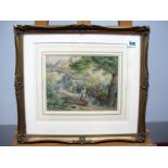 •W. TURNER (British School, XX Century) A Cottage Garden, with children playing and women at a