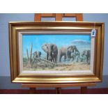 •NEIL SPILMAN (b.1951) African Elephants below Kilimanjaro, oil on panel, signed lower left, 25.5