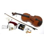 A Violin, two-piece back, length 141/8 in, inlaid purfling, ebony finger board, mother of pearl