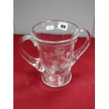 A Olympics London 1948 Glass Two Handled Cup, etched 'XIV Olympiad - London 1948' over torch carrier