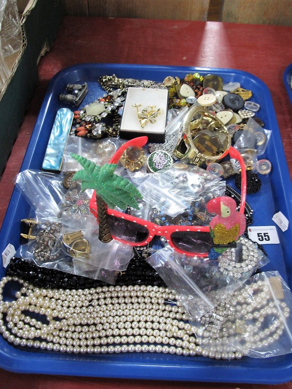 Assorted Costume Jewellery, including imitation pearls, brooches, buttons, folding comb, novelty