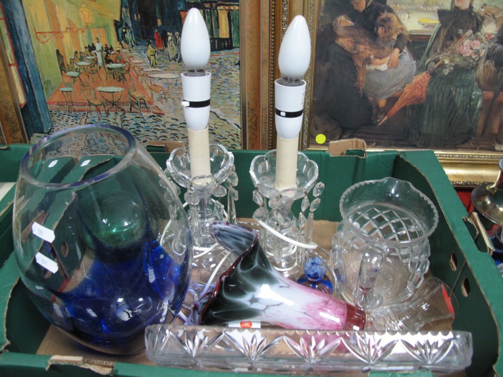 Glass Lustres Converted to Table Lamps, cut glass water jug, glass trays, vase, etc:- One Box