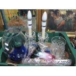Glass Lustres Converted to Table Lamps, cut glass water jug, glass trays, vase, etc:- One Box