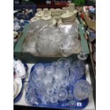 Lead Crystal Liqueurs, tumblers, waisted vase, oval 'boat' dishes, preserve jar, decanter, and other