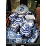 Ringtons Blue and White Willow Pattern Ginger Jars, tea canister, jugs, together with Victorian oval