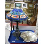 A Reproduction Tiffany Style Desk Lamp, leaded stained glass shade decorated with dragonflies, a