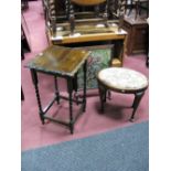 A Mahogany Oval Shaped Stool, with upholstered top, cabriole legs, oak barley twist table and a fire