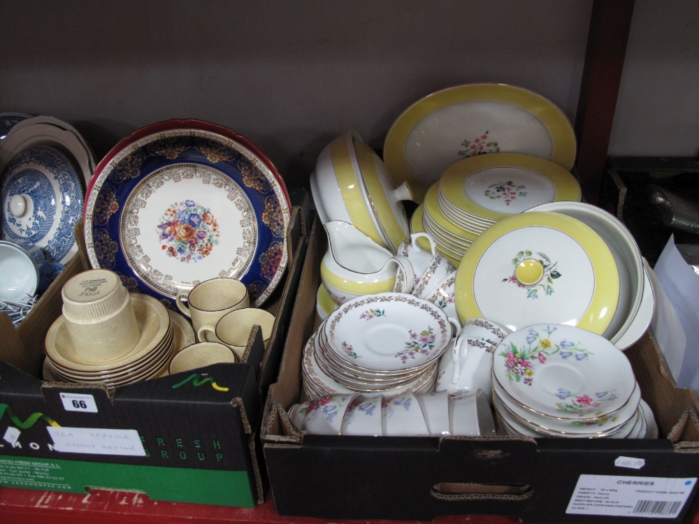 Burleigh Ironstone Dinnerwares, including two tureens, lemon borders, Queen Anne, Royal Grafton