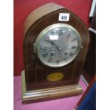 An Edwardian Inlaid Mahogany Dome Cased Mantel Clock, with 8 day movement to silvered dial.