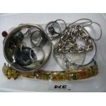 Costume Brooches, a wide hallmarked silver bangle, dress rings, panel bracelet, expanding bangle,
