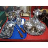 "Period Pewter" Coffee Pot, of planished finish, wood handled servers, plated cutlery, circular