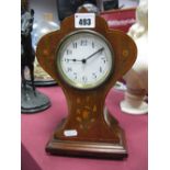 An Edwardian Mahogany Inlaid Mantel Clock, stepped base, gilded brass bun feet.