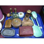 A Silver Backed Mirror and Brush, roulette in box, hip flask, treen egg, etc:- One Tray