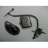A Hallmarked Silver Vesta Case, allover leaf scroll engraved; together with a mussel shell snuff