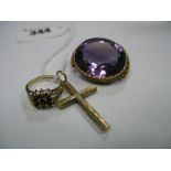 A 9ct Gold Ring, claw set, together with a 9ct gold cross pendant and an amethyst single stone