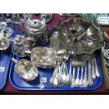 Assorted Plated Ware, including cutlery, decorative swing handled basket, matching jug and sugar