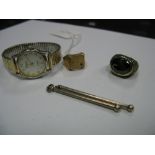 A Gent's Ring, initialled "R"; together with a ladies dress ring, a wristwatch, and two toothpicks.