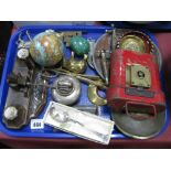 A Desk Standish, globe, horn knife rests, small cymbals, etc:- One Tray