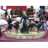 A Reproduction Art Deco Hollow Metal Cast Study of a Walking Lady of Fashion, with Two Dogs, painted