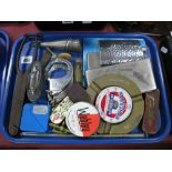 Hiatts 1960 Handcuffs, Ronson lighter, Stones brass ashtray, etc:- One Tray