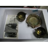 HMS Conway Interest, A Framed Leather Crest, 54 x 58cms, three pieces of Crested Ware, an ashtray