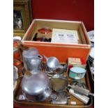 A Piquot Ware Three Piece Tea Service, electroplated hip flask, AA badge, spy glasses, Cona