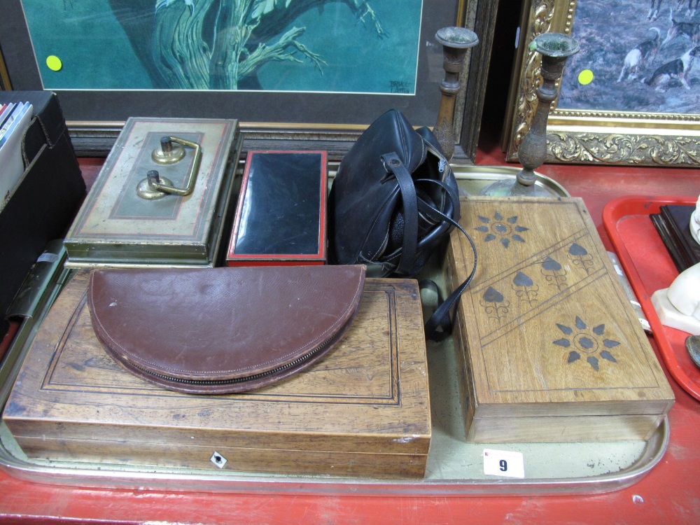 An Art Deco Black Metal Box, cash tin, Art Nouveau inlaid hardwood box, candlesticks, etc:- One