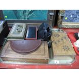 An Art Deco Black Metal Box, cash tin, Art Nouveau inlaid hardwood box, candlesticks, etc:- One