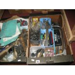 Tools, comprising G clamps, micrometer, hammers, files, drill bits, gauges, metal brush heads,