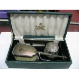 A Hallmarked Silver Mounted Three Piece Set, comprising hair brush, comb and trinket jar, each