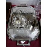 A Decorative Plated Twin Handled Tray, of rectangular form with canted corners, highlighted to the