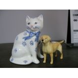 A Rye Pottery Model Seated Cat, handpainted decoration and blue bow tie, painted makers mark, and