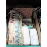 Two Govancroft Stoneware Foot Warmers, bible, tassled 'silk' rug, shells, etc:- One Box