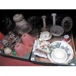 A Rumtopf Jar, two press moulded pedestal dishes, amber glass dish, cast metal fruit basket, pink