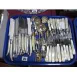 Mother of Pearl Handled Fish Knives and Forks, (damages), sauce ladles, sifter spoons, lock knife