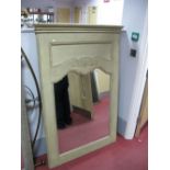 A Shabby Chic Cream Painted Rectangular Shaped Mirror, with a shaped panel over mirror.