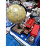 Terrestrial Globe on Wooden Stand, calendar, Singer button hole attachment, desk bell, etc:- One