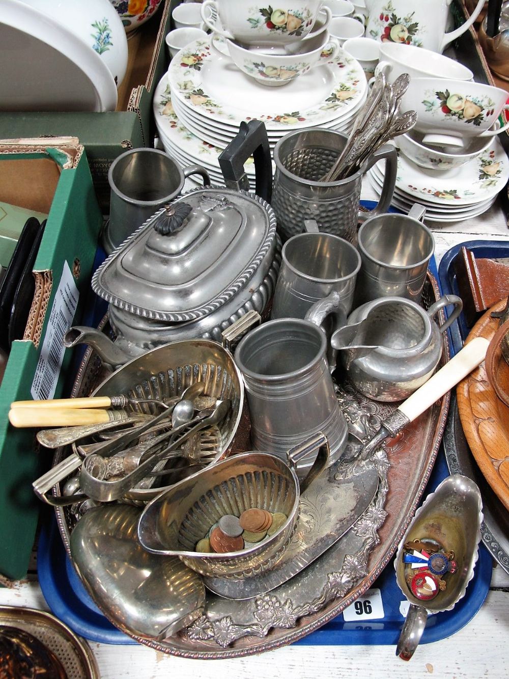 An Electroplated Hipflask, oval gallery tray, circular salver with cast foliate border, crumb